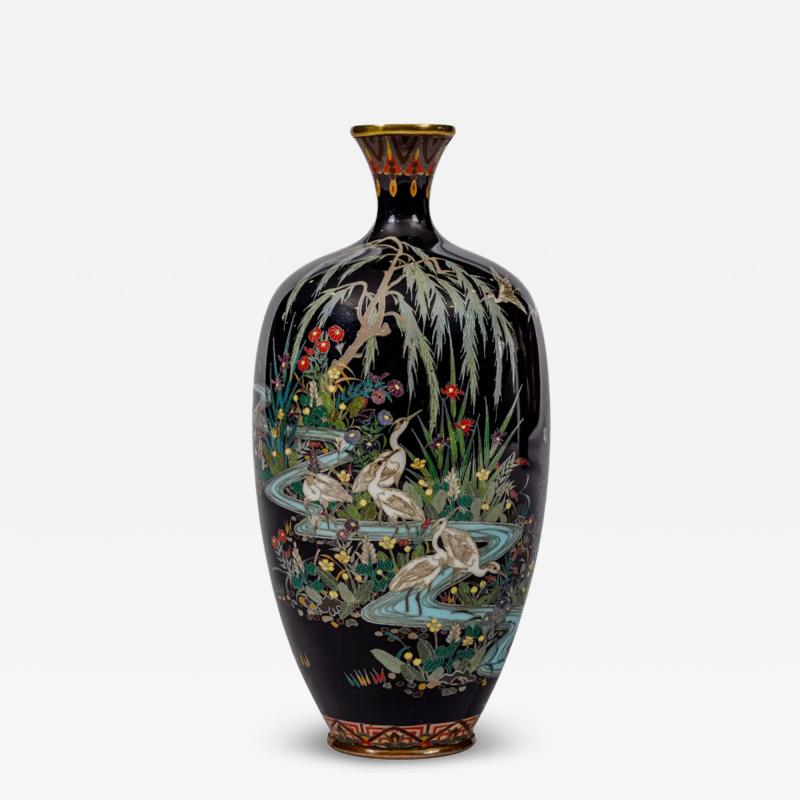 Japanese Cloisonn Enamel Vase Attributed to Hayashi Kodenji with Cranes