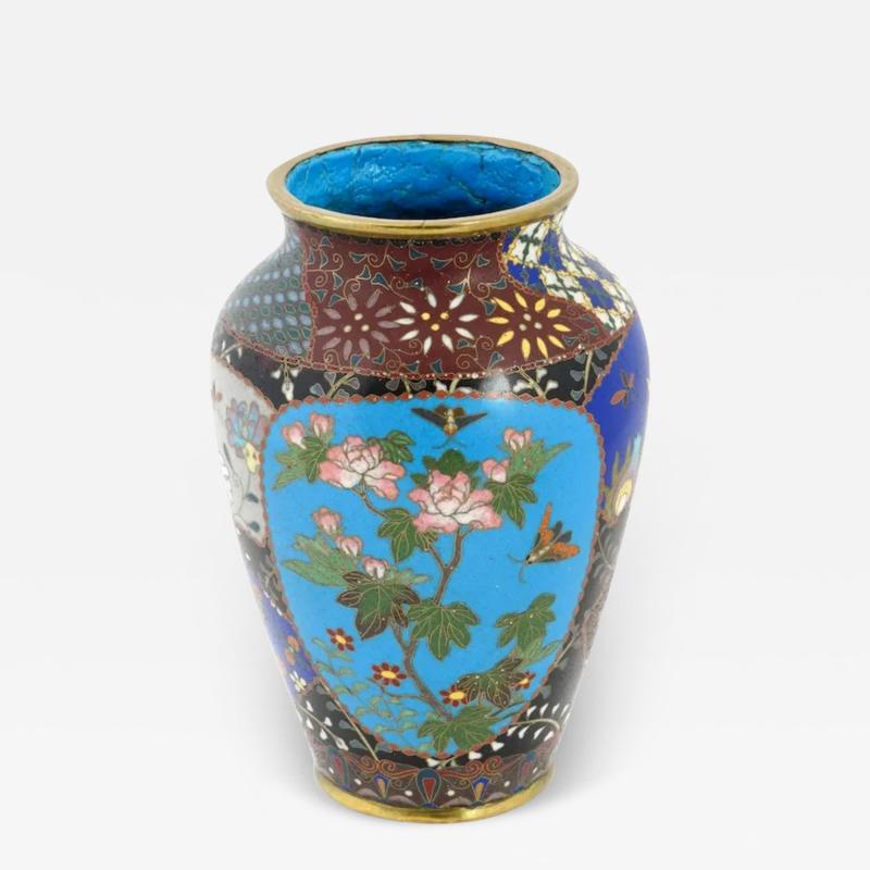 Japanese Cloisonne Enamel Vase with Geometric Patterns Garden Scenes