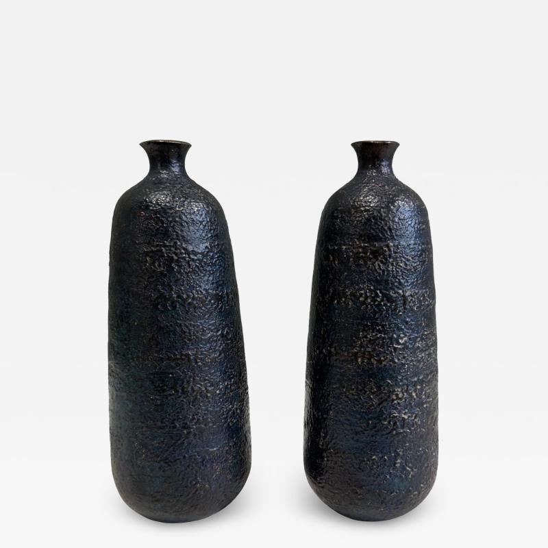 Japanese Craftsman Bronze Vases Black Volcanic Patinated Enamel Japan 1930s