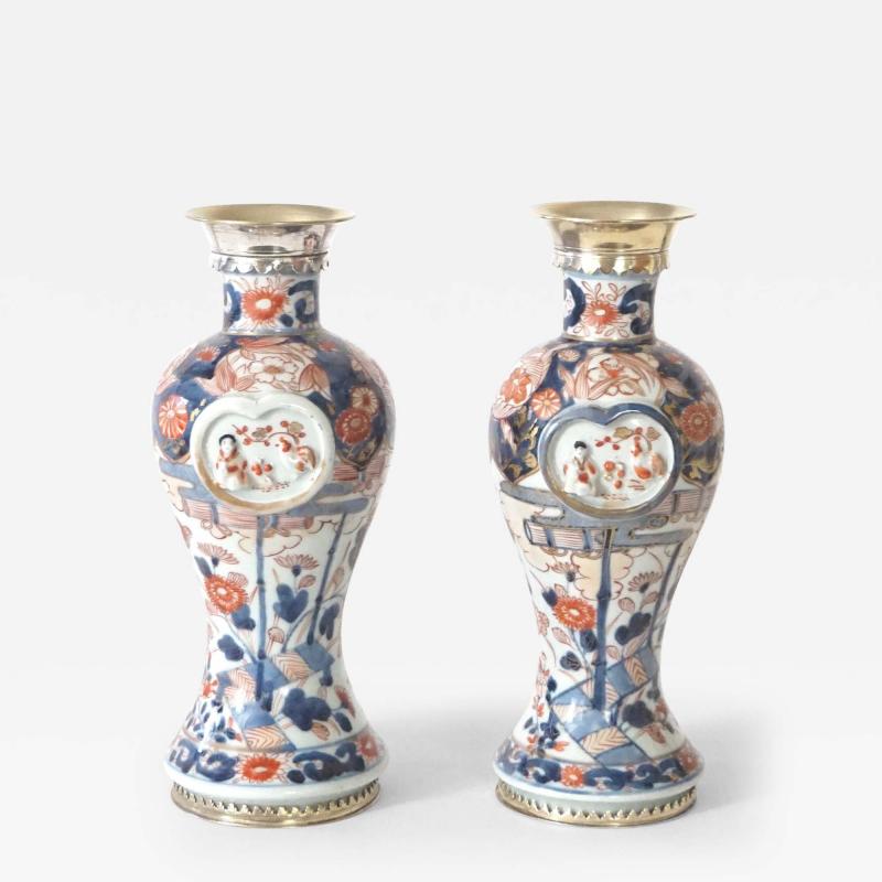 Japanese Edo Imari Paktong Mounted Garniture Vases Pair circa 1720