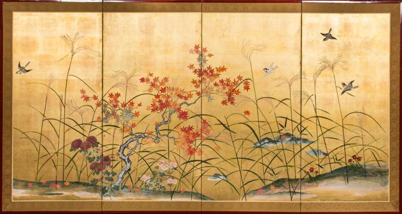 Japanese Four Panel Screen Autumn Flowers