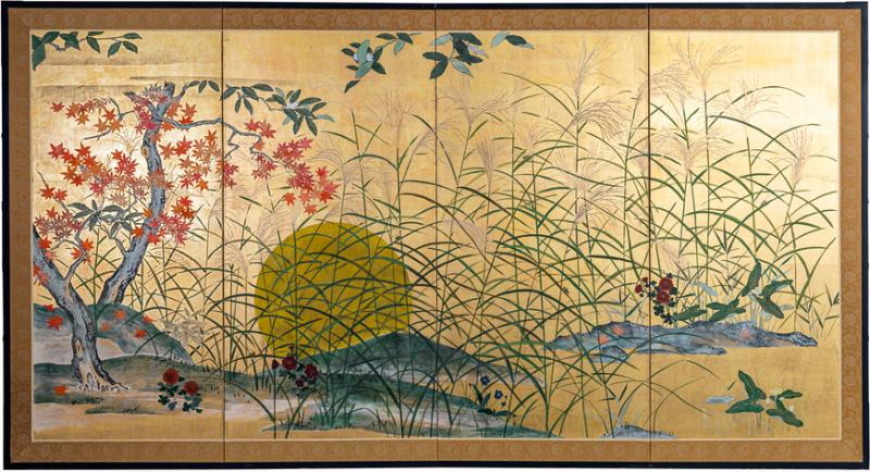 Japanese Four Panel Screen Autumn Flowers and Moon on Gold
