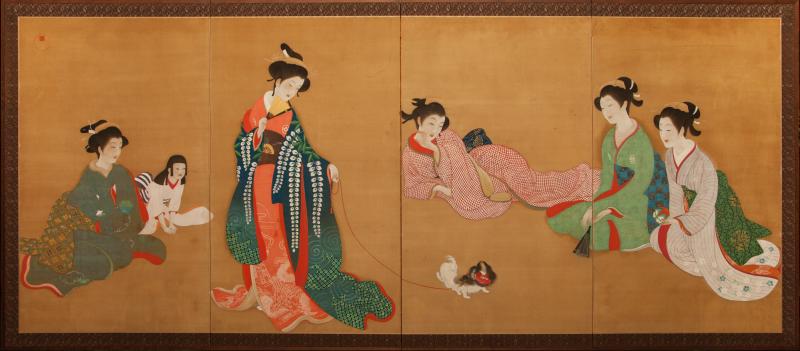 Japanese Four Panel Screen Bijin At Leisure