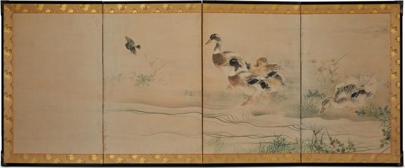 Japanese Four Panel Screen Ducks on a River Bank