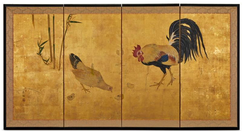 Japanese Four Panel Screen Family of Chickens