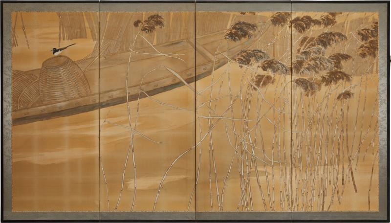 Japanese Four Panel Screen Fishing Boat in the Reeds