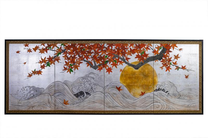 Japanese Four Panel Screen Golden Sun Through Turbulent Surf