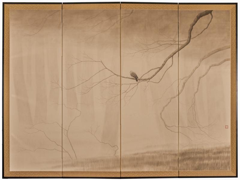 Japanese Four Panel Screen Lone Dove