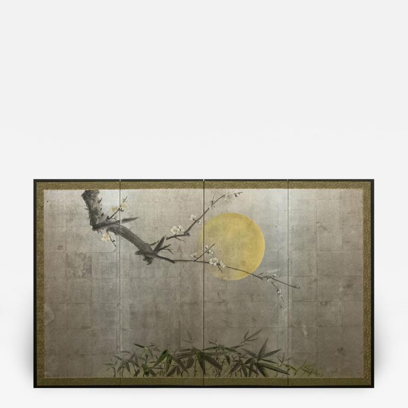 Japanese Four Panel Screen Moonlit Plum in Bloom with Bamboo 