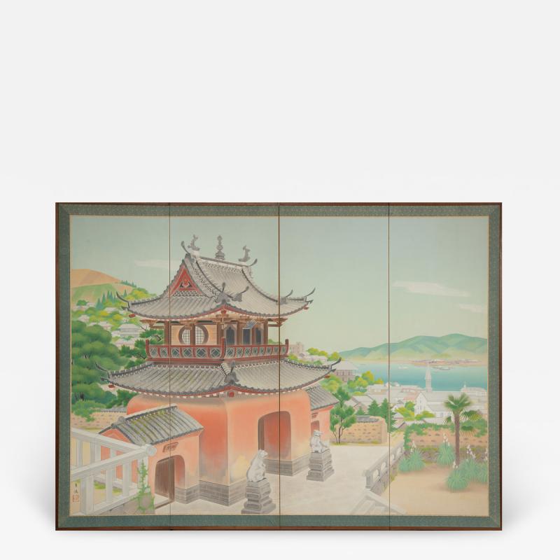 Japanese Four Panel Screen Okinawa Painting of a Temple Scene
