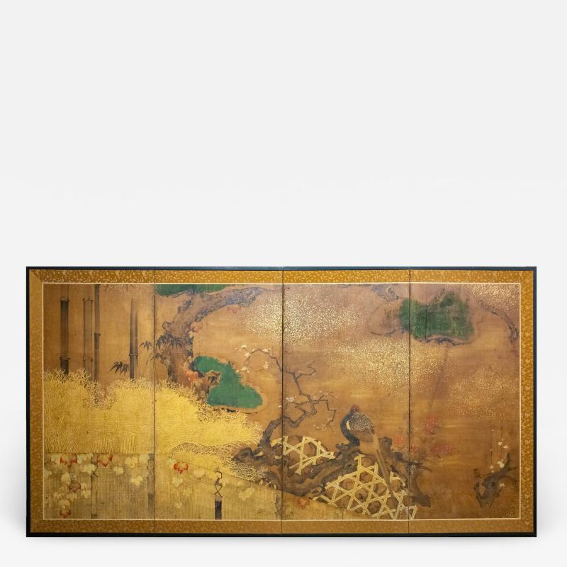 Japanese Four Panel Screen Pheasant on Old Plum in Garden