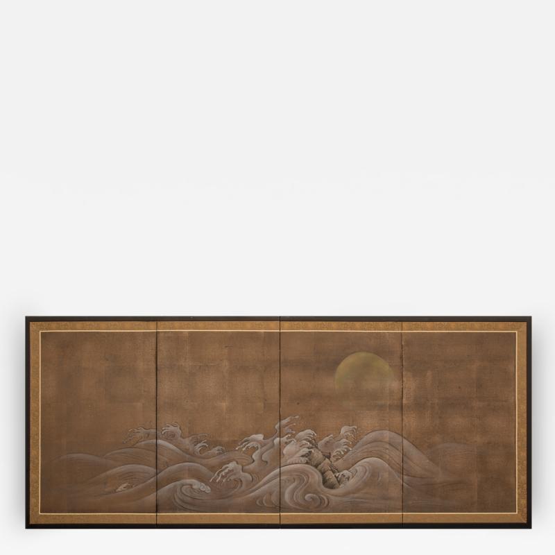 Japanese Four Panel Screen Rocks and Waves