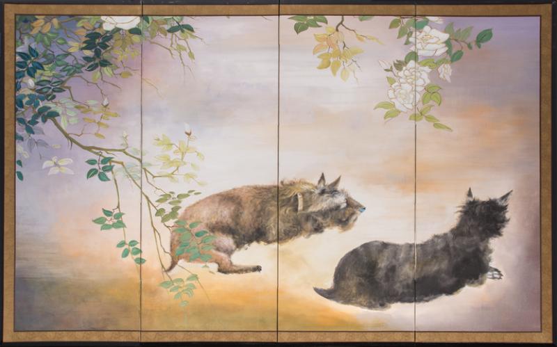 Japanese Four Panel Screen Scotties Under Roses