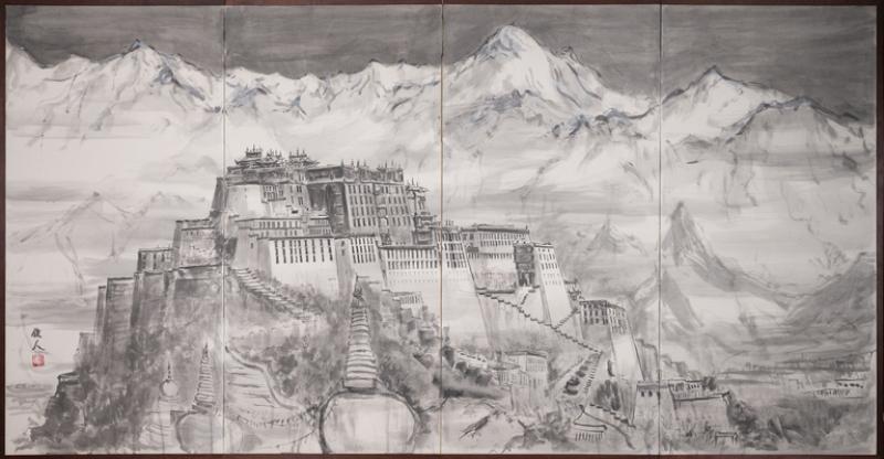 Japanese Four Panel Screen Tibetan Mountain Monastery