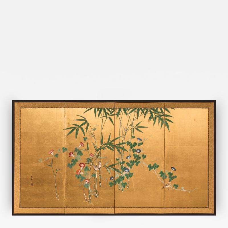 Japanese Four Panel Screen Young Bamboo and Morning Glory