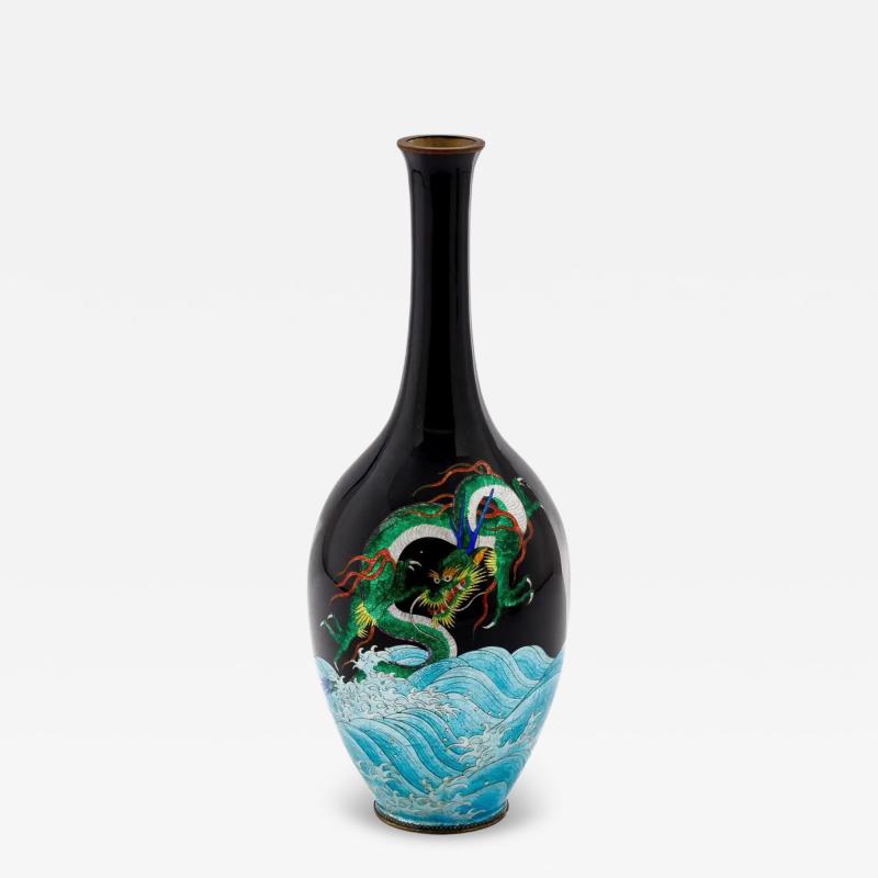 Japanese Meiji Cloisonn Enamel Ginbari Vase Green Dragon by Kumeno Teitaro
