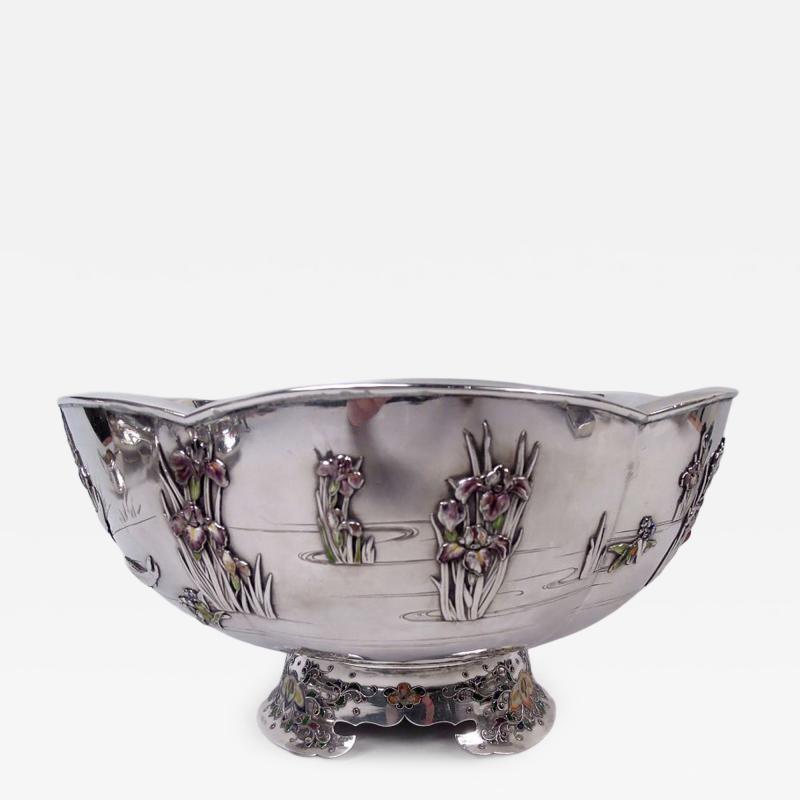 Japanese Meiji Enamel Centerpiece Bowl with Irises Water Lilies
