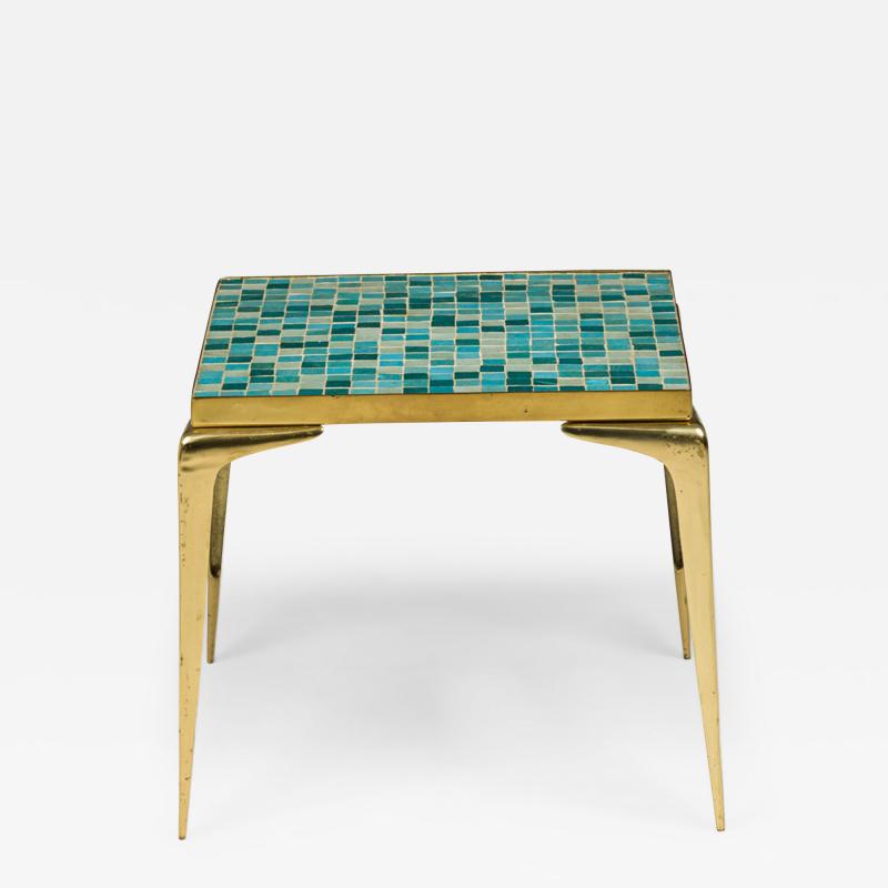Japanese Mid Century Murano Glass Blue Tile Top Brass End Side Table