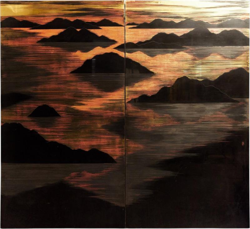 Japanese Mid Century Two Panel Lacquer Screen with Mountain Sunrise c 1950