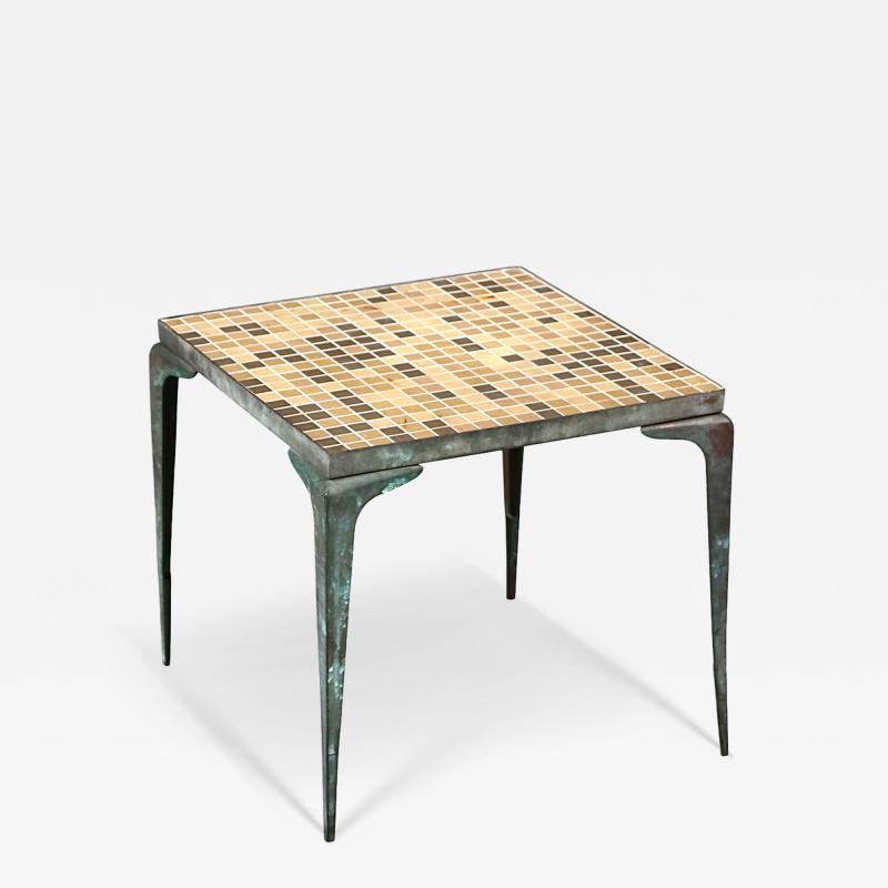 Japanese Modern Brass Murano Mosaic Tile Top Side Table