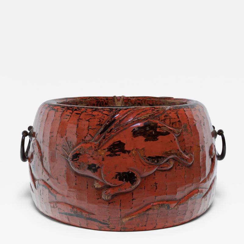 Japanese Red Lacquer Negoro Hibachi with Rabbits