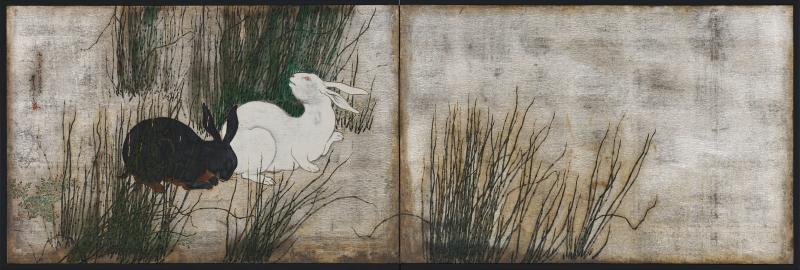 Japanese Screen 19th Century Tea ceremony Screen Rabbits Horsetail Reeds 