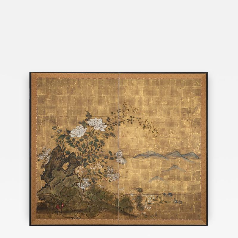 Japanese Screen Floral Garden and Rock on Gold