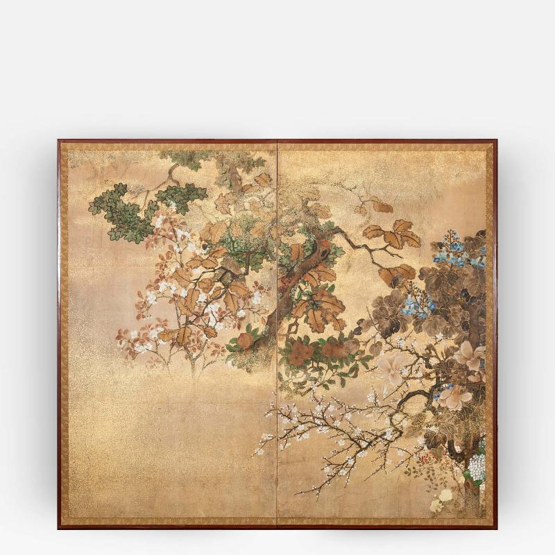 Japanese Screen Floral Landscape with Gold Dust