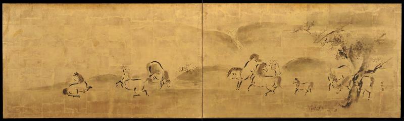 Japanese Screen Late 17th early 18th Century Two panel Horses 