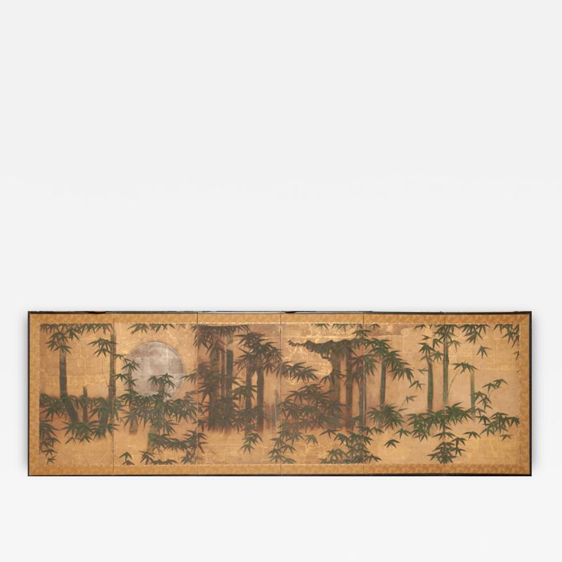 Japanese Screen Silver Moon and Bamboo on Gold