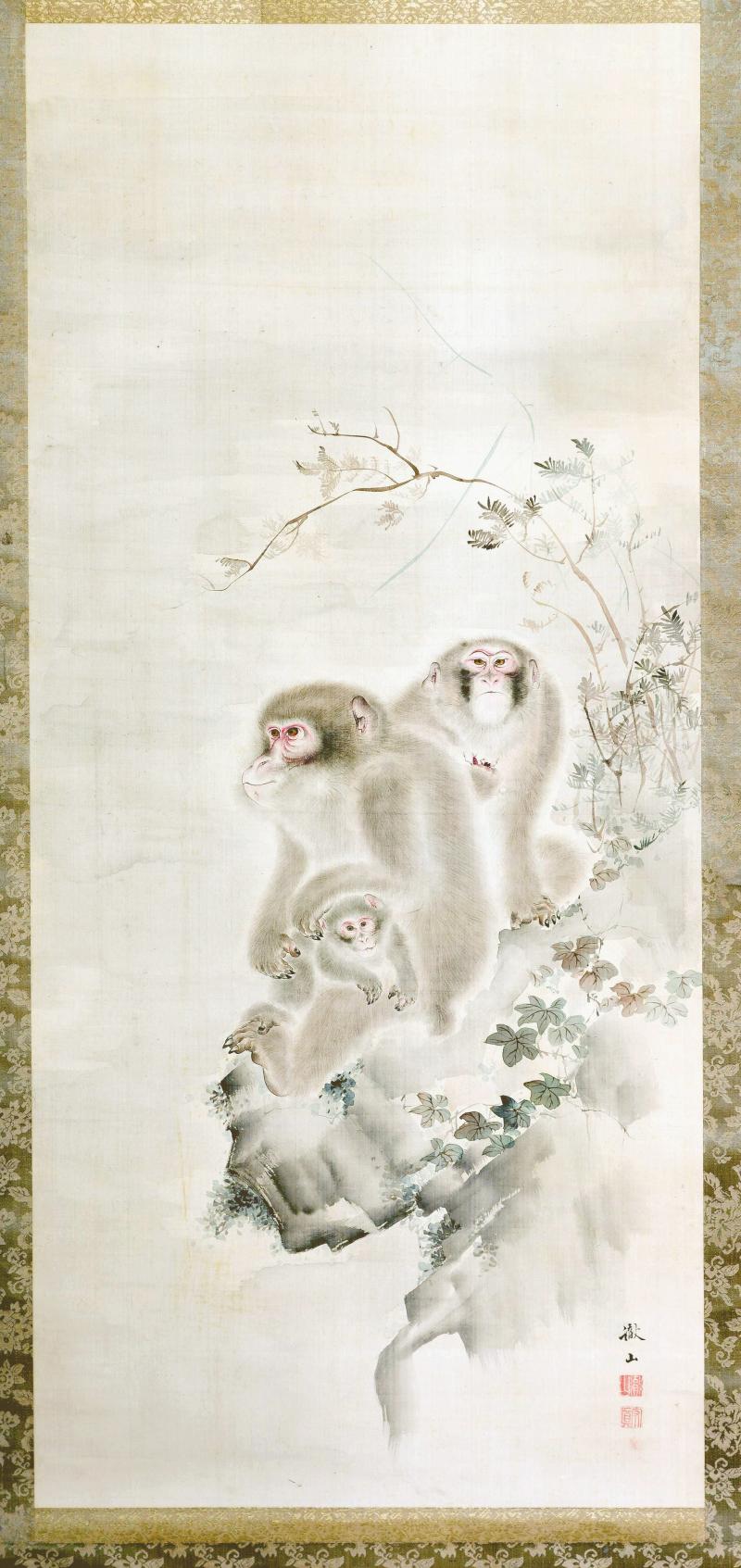 Japanese Silk Scroll Painting of Moneys Edo Period Mori Tetsuzan