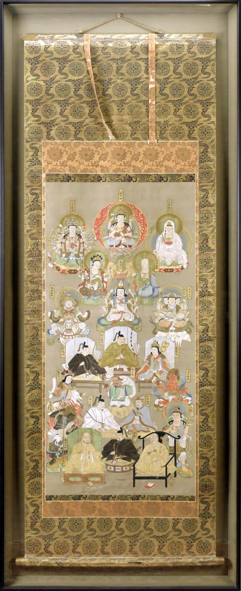 Japanese Silk Suijaku Scroll Nyorai Kojin with Mixed Buddhism and Shinto Deities