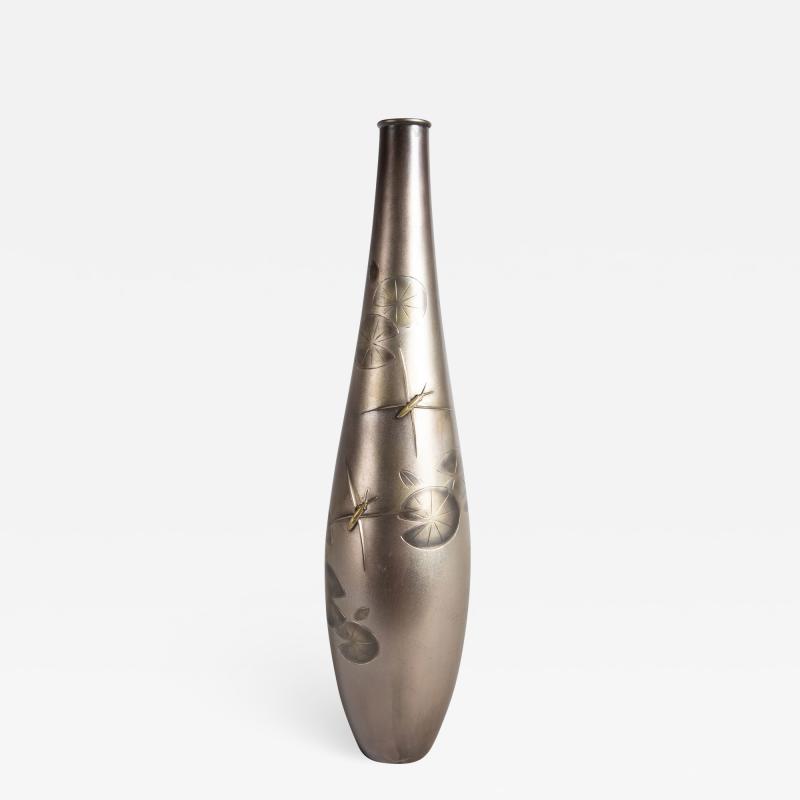 Japanese Silvered Bronze Bud Vase with Water Striders