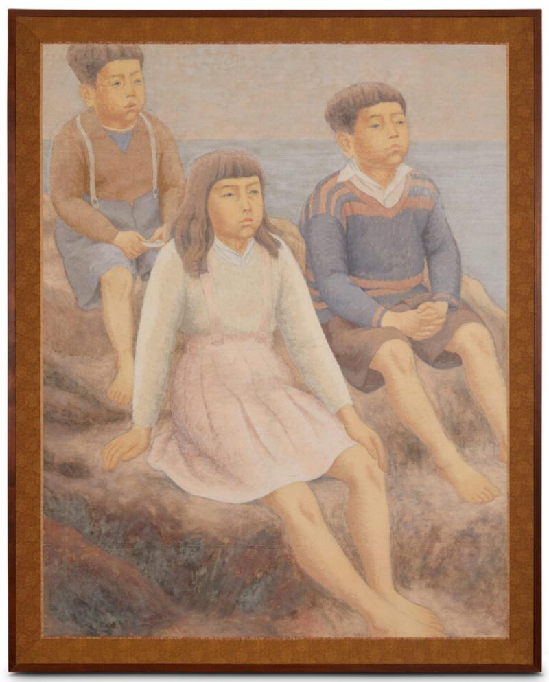 Japanese Single Panel Painting Three Children Gazing At The Sea