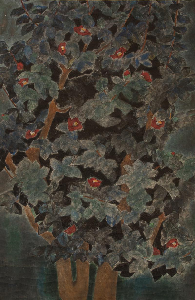 Japanese Single Panel Painting of a Camillia Tree