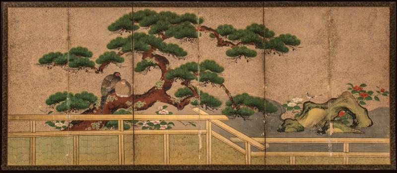 Japanese Six Panel Screen Amorous Pheasants in Venerable Garden Pine
