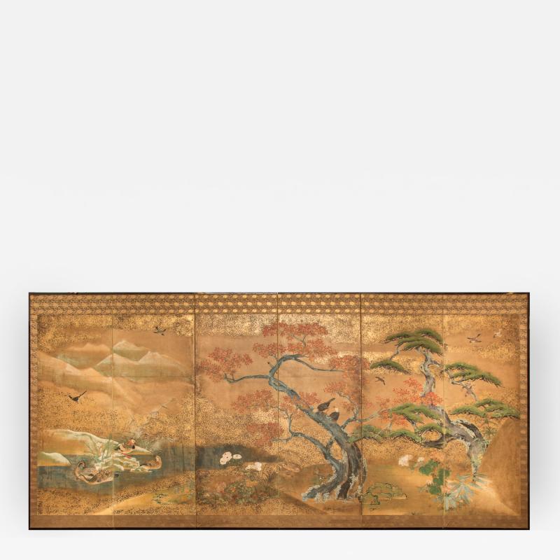 Japanese Six Panel Screen Audobon Landscape with Maple and Pine
