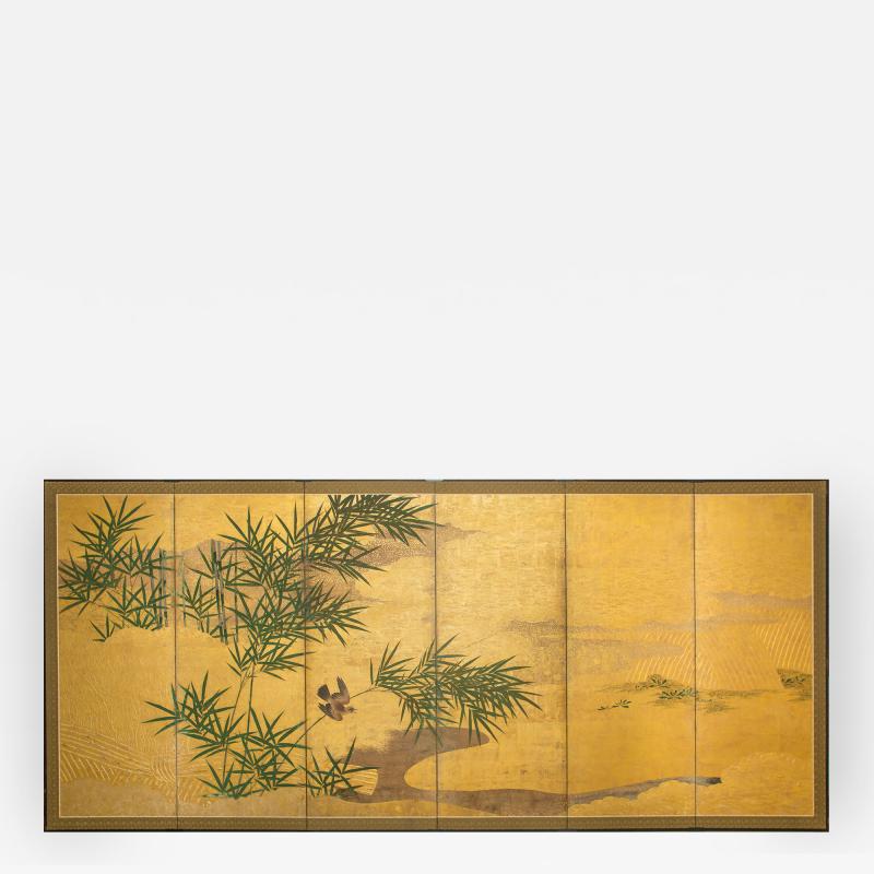 Japanese Six Panel Screen Bamboo Grove with Bird and Meandering Stream