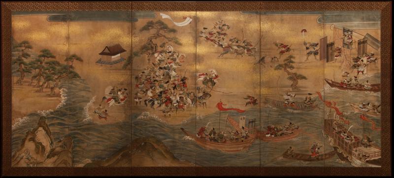 Japanese Six Panel Screen Battle of Yashima from the Heike Monogatari