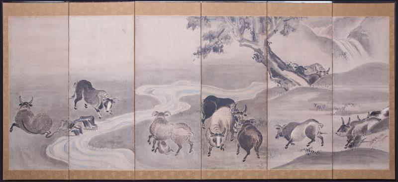 Japanese Six Panel Screen Bulls in a Gentle Landscape