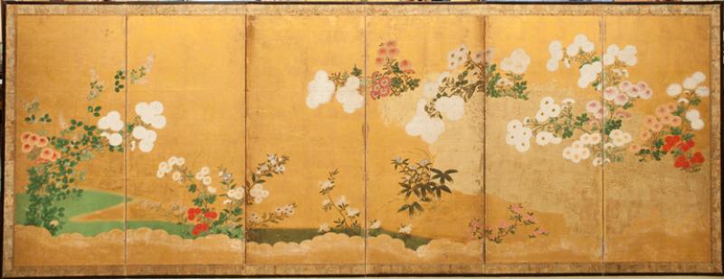 Japanese Six Panel Screen Chrysanthemums Cascading Over A Garden Fence