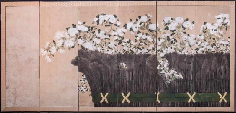 Japanese Six Panel Screen Chrysanthemums and Twig Fence with Gold Flakes