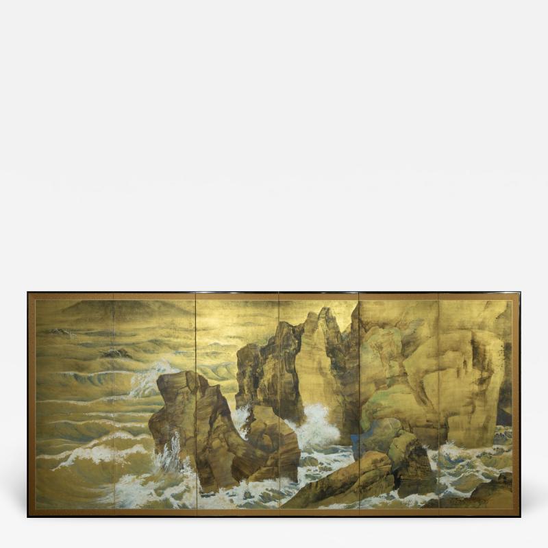 Japanese Six Panel Screen Craggy Coastal Landscape