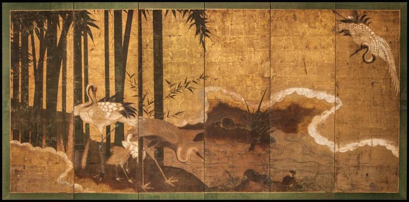 Japanese Six Panel Screen Crane Family and Bamboo Grove