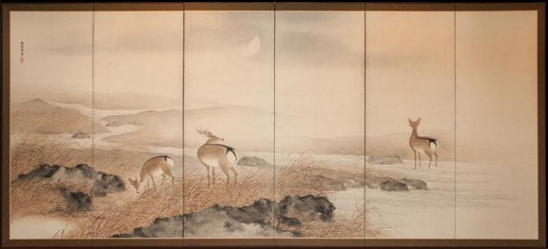 Japanese Six Panel Screen Deer in Moonlit Water Landscape