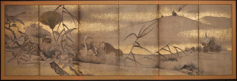 Japanese Six Panel Screen Egrets in Water Landscape with Lotus and Loquats