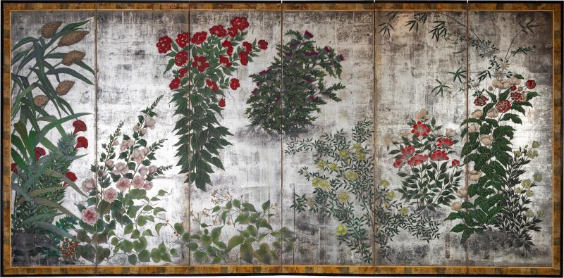 Japanese Six Panel Screen Garden Landscape on Silver