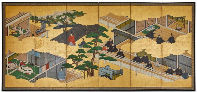 Japanese Six Panel Screen Genji Court Scenes from the Tale of Genji