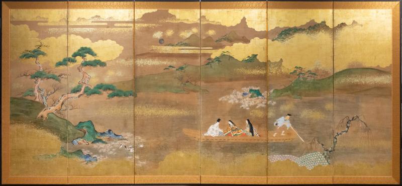 Japanese Six Panel Screen Glorious Painting of Lady Murasaki on Lake Biwa