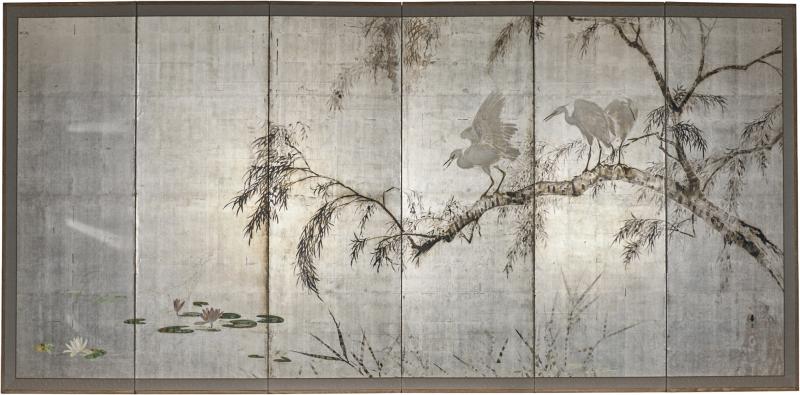 Japanese Six Panel Screen Herons in Willow